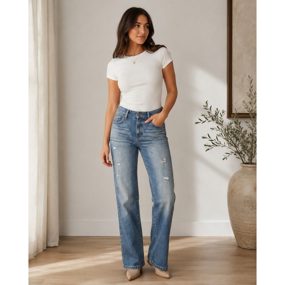 St. John Rhinestone Embellished Jeans Y2K Straight‎ Leg Designer Denim